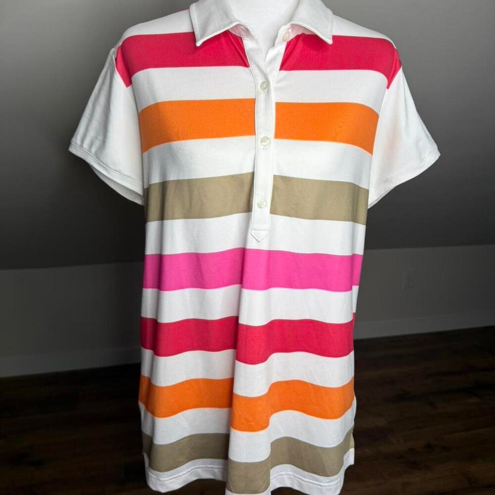 Adidas Golf ClimaCool Polo Shirt Women’s Large Pink Orange Striped Golfcore